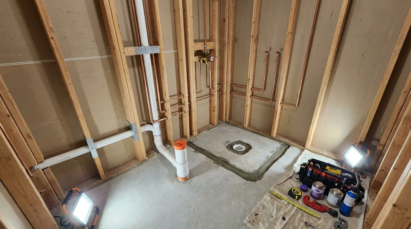 Bathroom rough-in plumbing during remodel by Johns Plumbing LLC in Woodhaven