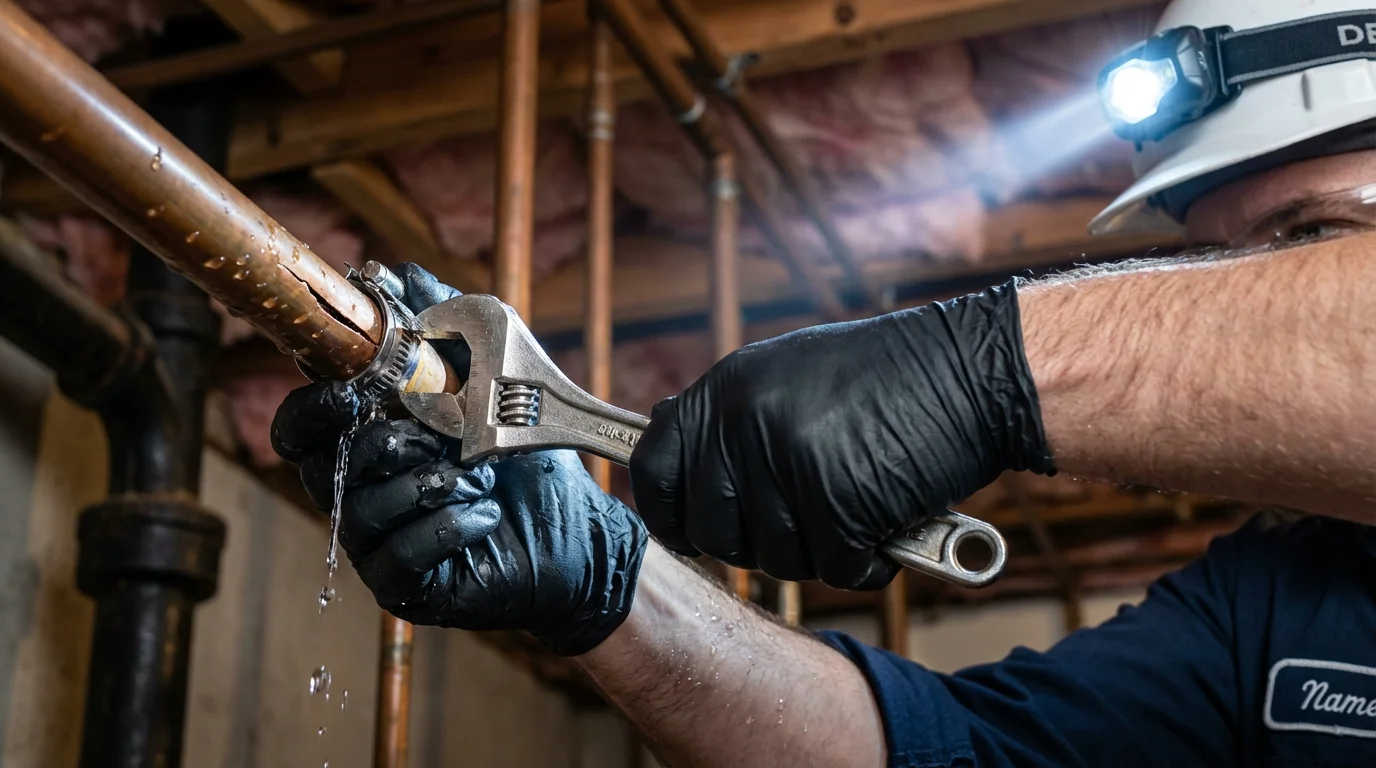 Emergency pipe clamp repair being performed by a Johns Plumbing LLC plumber in Woodhaven