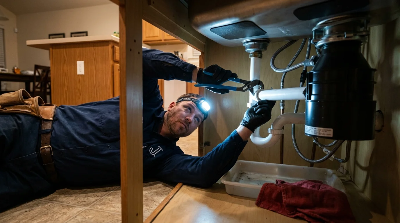 P-trap and supply line connections under a kitchen sink showing a common leak point in Woodhaven, NY